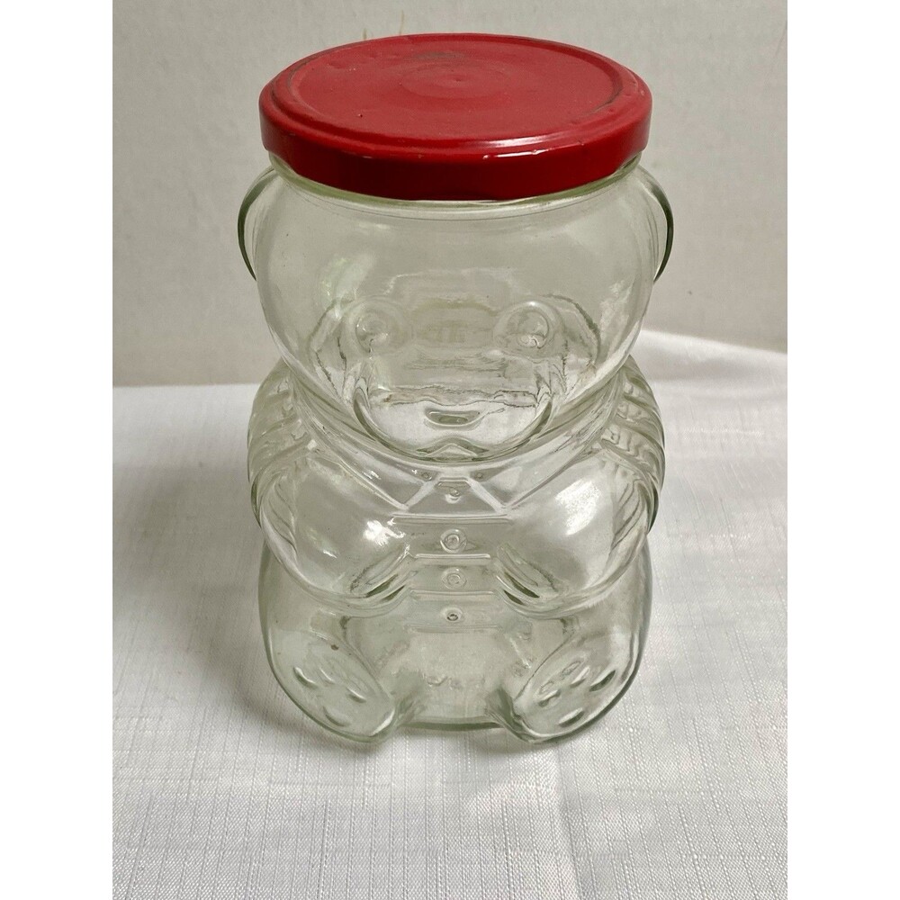 Vtg 1988 Kraft Clear Glass Figurine TEDDY BEAR 6” Jar W Red Metal Lid
